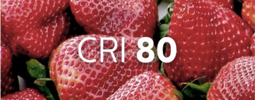 Mansikkakulho osoittaa värin voimakkuuden CRI 80 -valaistuksessa
