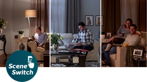  Kaikki kolme Philips SceneSwitch LED-lamppuvaloasetuksen asetusta yhdessä kuvassa