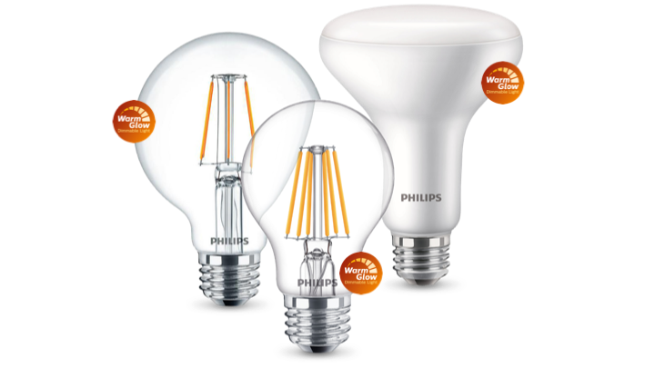 Philips WarmGlow LED-lamppujen tuoteperhe WarmGlow-etiketeillä